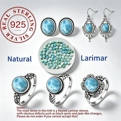 Vintage 925 Silver Ring Natural Larimar Stone Round Flower Shape Sky Blue Sea Water Ring Fine Jewelry Party Gifts For Women Men