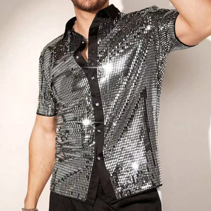 New Arrival Stylish Breathable Sequin Short Sleeve Shirt, Men's Stage Performance Top