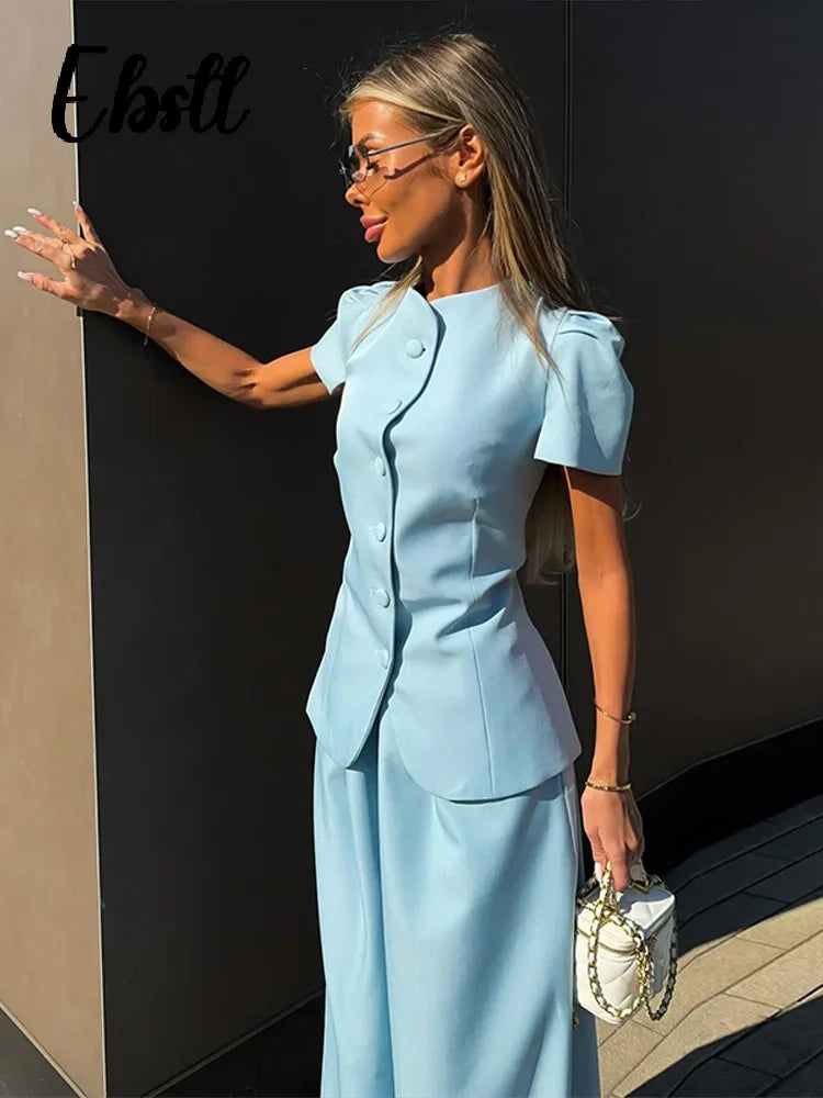 Elegant Short Sleeve Top Pants Set Women's Solid Single-breasted O Neck Waist-cinching Tops Loose Lantern Trousers 2026 Outfits