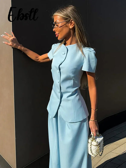 Elegant Short Sleeve Top Pants Set Women's Solid Single-breasted O Neck Waist-cinching Tops Loose Lantern Trousers 2026 Outfits