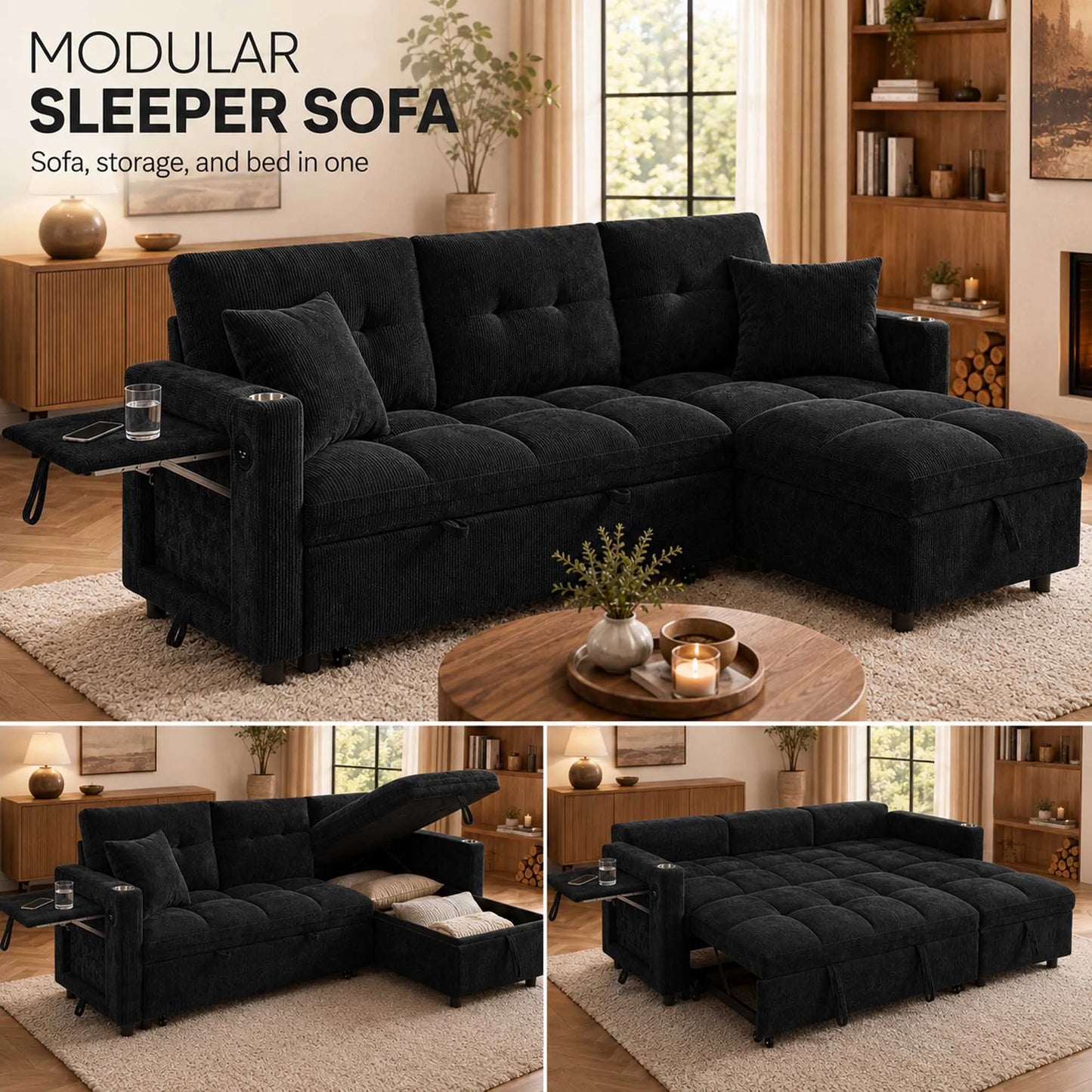 81.8" L-Shaped Sleeper Sofa with Pull Out Bed, Convertible Sectional Couch with Storage Chaise, USB/Type-C Charging and Cup Holders, Plush Chenille Modular Sofa for Living Room, Blue