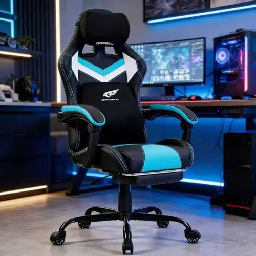 Ergonomic Gaming Chair for Adults, Black Blue | Comfy Video Game Chair with Footrest, Gamer Chair with Headrest and
