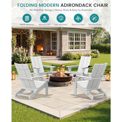 Outdoor folding Adirondack chairs set of 2 with 9-ft umbrella, polywood material, classic white, weather-resistant and space-sa