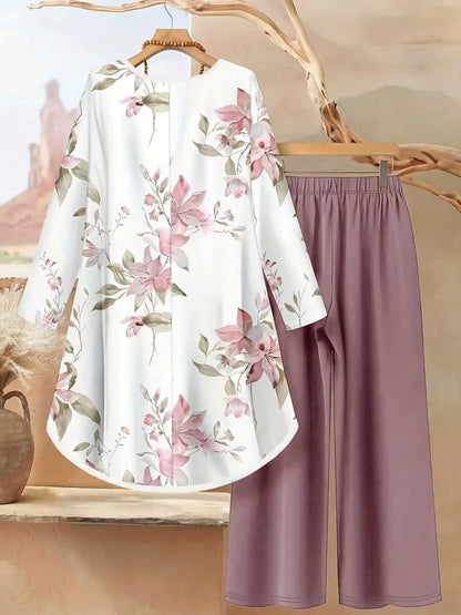 Fashionable New Women's Floral Print Casual Long-Sleeve Round-Neck Irregular Hem Top and Solid Color Pants Set - Spring/Summer Random Print Pattern Two-Piece Set