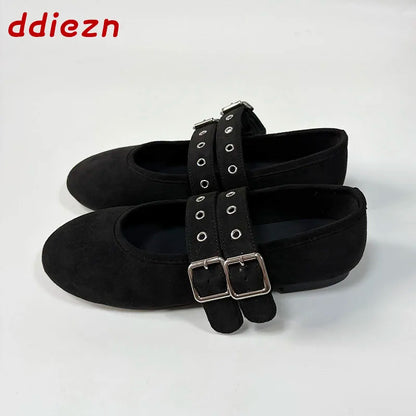 New Fashion Buckle Strap Footwear Flock Ballet Flats Women Dance Shoes Female Round Toe Ladies Mary Janes Flats Lolita Shoes