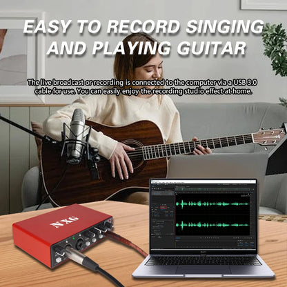 YAMNWEO MD21 Red USB Audio Interface Sound Card, 24Bit/192kHz Dual Channel Sound Card with Dual Inputs for Condenser Microphones & Guitars, Ideal for Live Streaming, Podcasting, Music Production and Live Performances