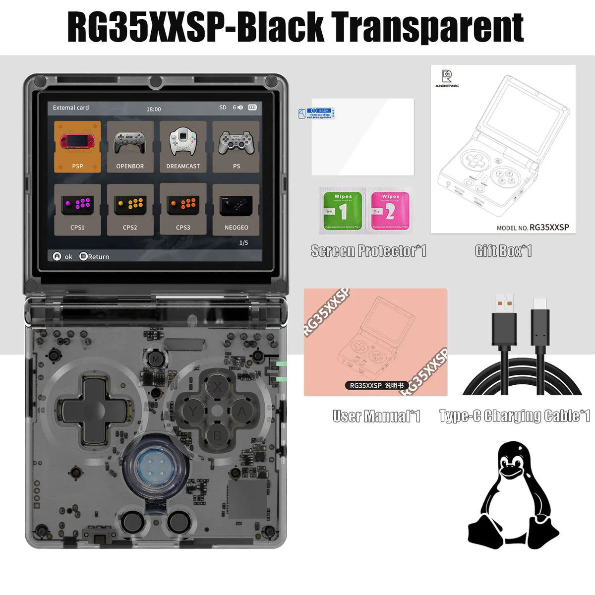 ANBERNIC RG35XXSP FILP 3.5 Inch IPS Screen Retro Game Console 64GB Built-in TF Card 3300mAh Battery Linux System HD TV Output Support Classic Casual Gaming  Built-in Hall Switch Chip