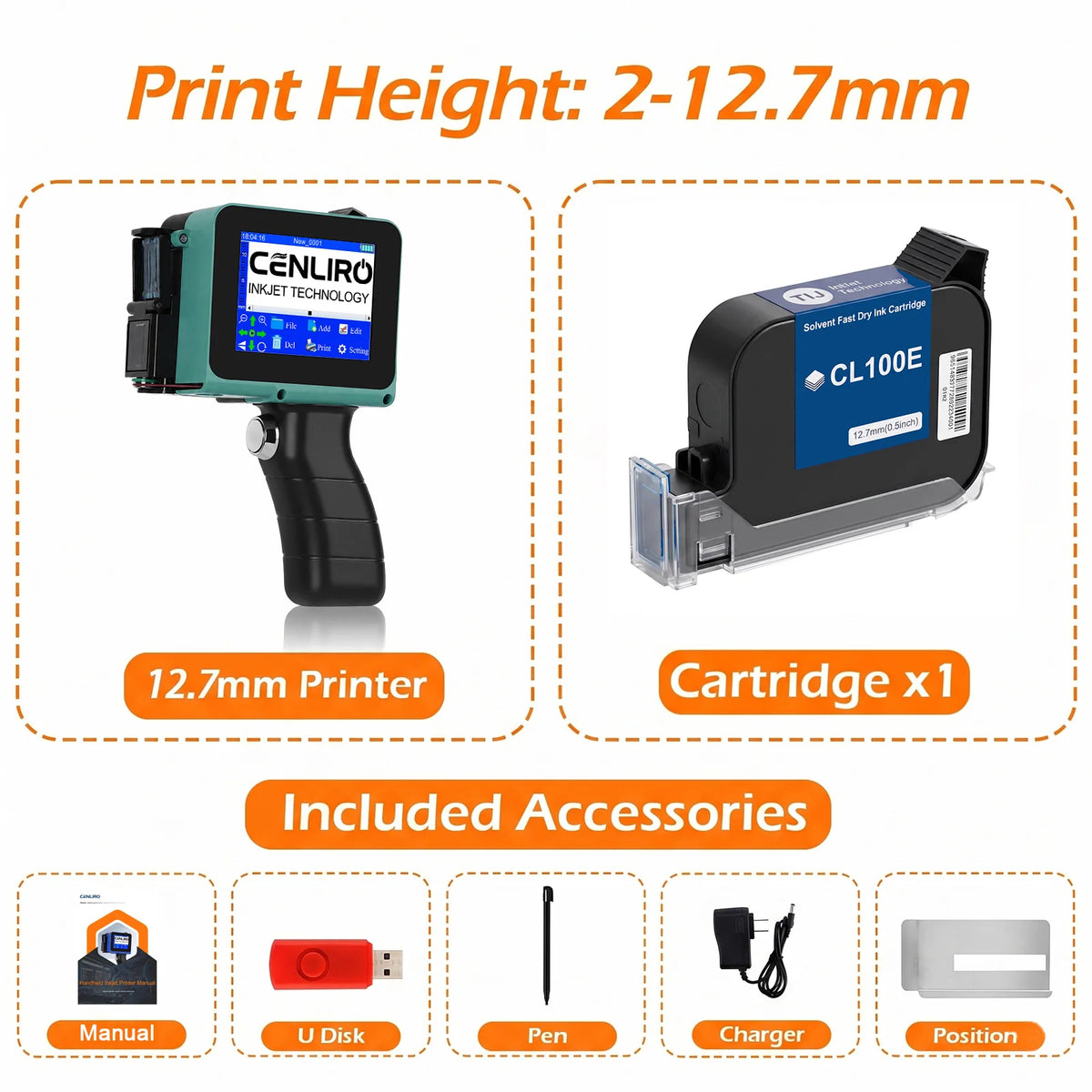 Cenliro CL05P Detachable Handheld Inkjet Printer 12.7mm Mini TIJ Printer for QR Barcode Batch Date Number Expiry Logo