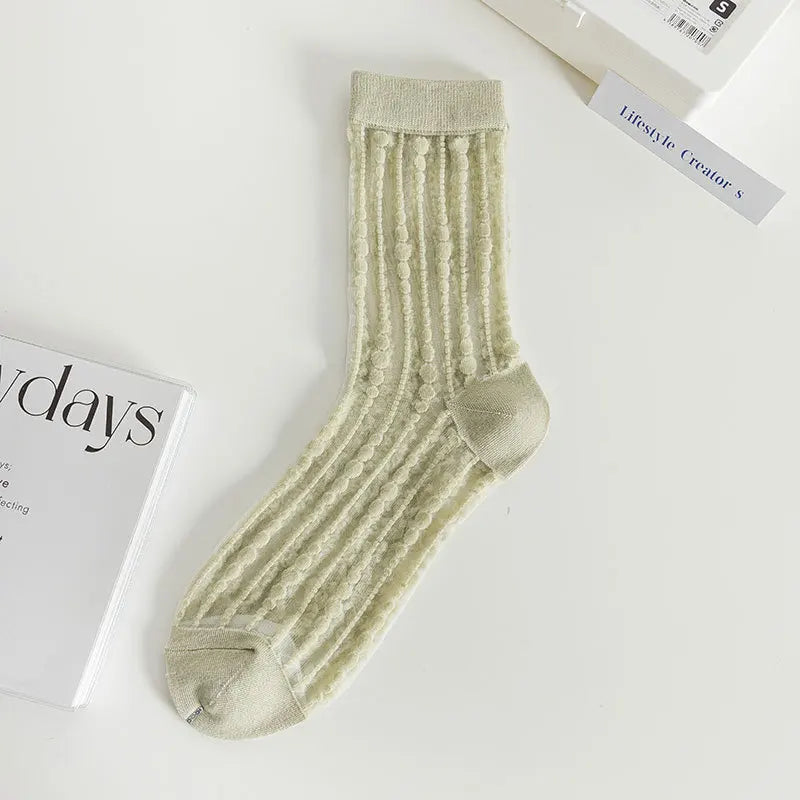Transparent Crystal Silk Socks Women Fashion Ultra-thin Summer Harajuku Crew Socks Flower Streetwear Elastic Long Mesh Socks