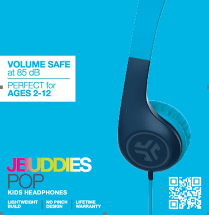JBuddies Pop Wired Kids Headphones, Blue, Noise Isolation, Kids Safe, Volume Limiting Headphones wireless earphones ear buds