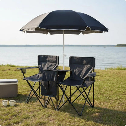Portable Double Leisure Chair with Umbrella Folding Outdoor Loveseat for Camping Garden Patio Fishing