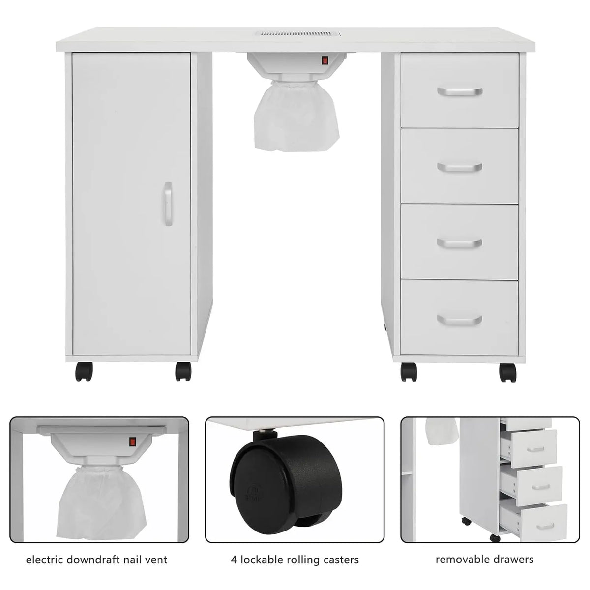 Manicure Nail Table, White Salon Desk with Dust Collector, 4 Drawers | Side Cabinet, Removable Drawers, Rolling, Customized