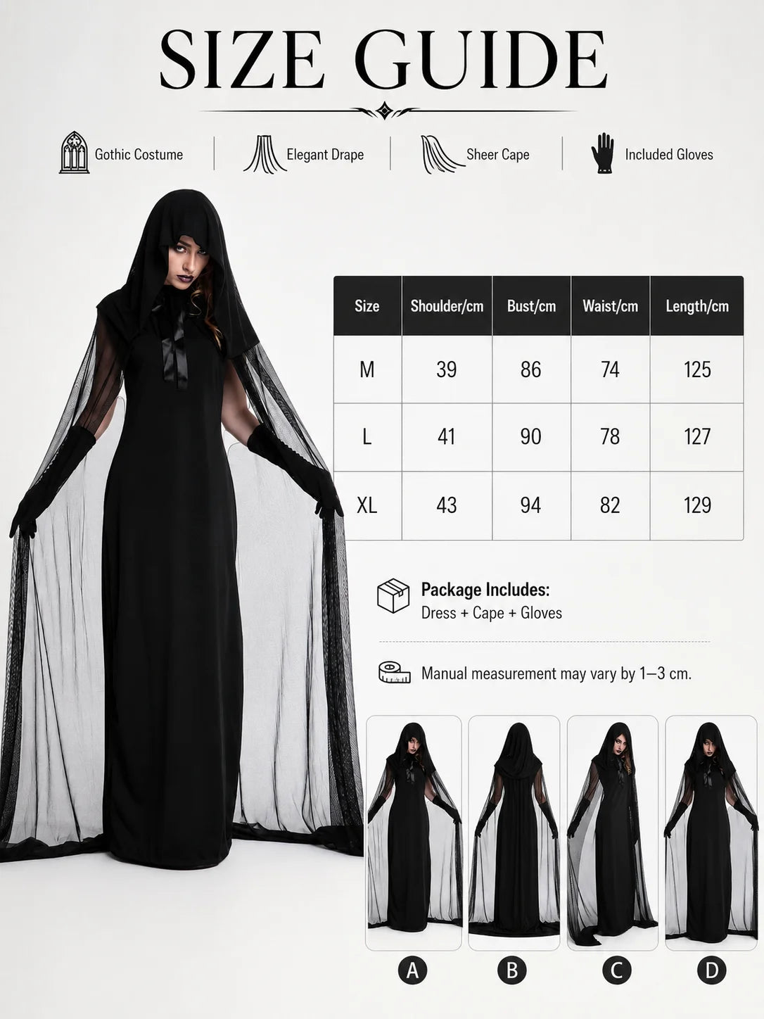 Hooded Sheer Mesh Cape Witch Costume for Women Sleeveless Black Long Maxi Robe with Long Gloves Halloween Ghost Vampire Cosplay Dark Spirit Carnival Fancy Dress Party Outfit
