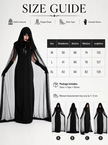 Hooded Sheer Mesh Cape Witch Costume for Women Sleeveless Black Long Maxi Robe with Long Gloves Halloween Ghost Vampire Cosplay Dark Spirit Carnival Fancy Dress Party Outfit