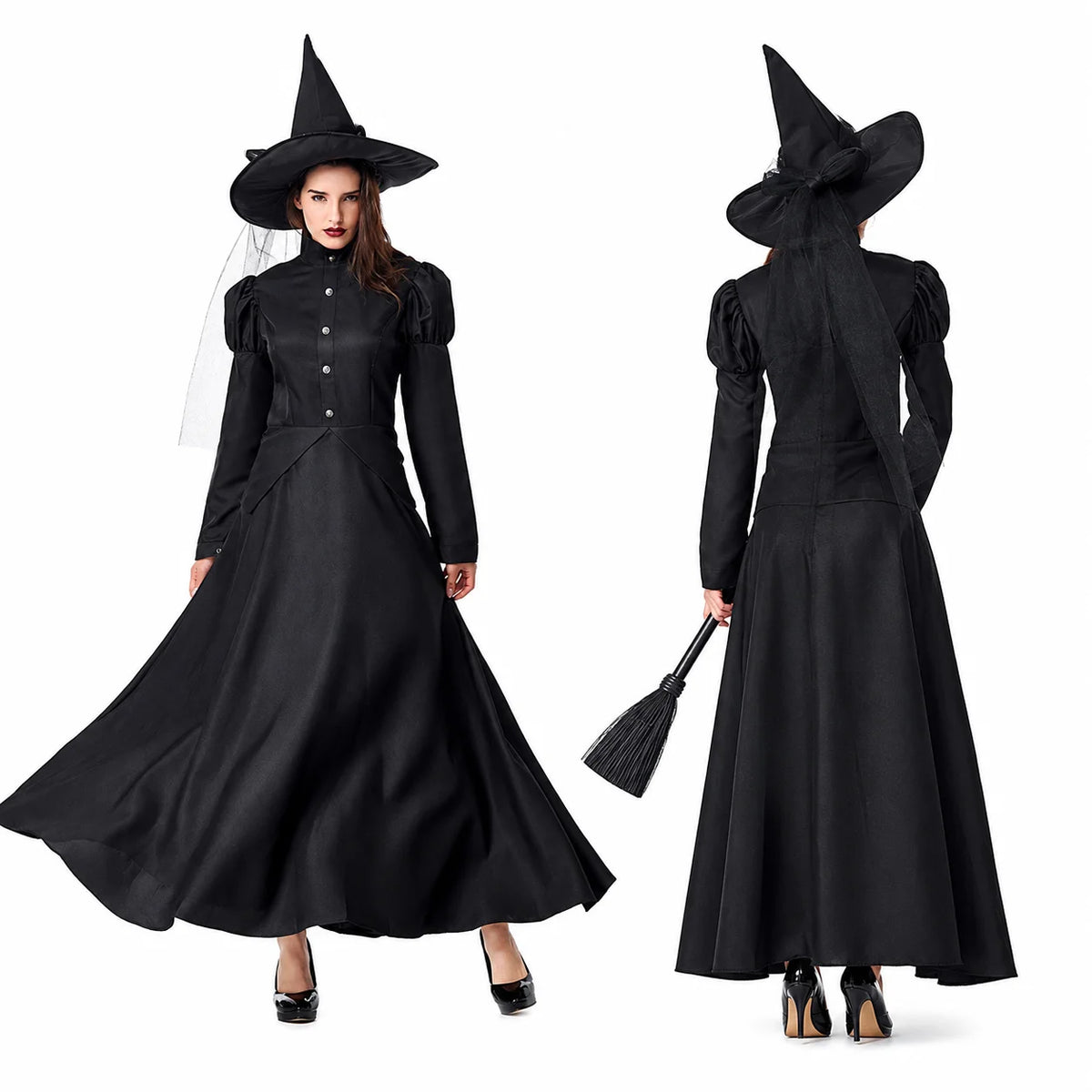 Family Matching Witch Costume for Women Girls, Classic Black Long Gown with Pointed Hat, Halloween Carnival Theme Party Cosplay Fancy Dress‑up
