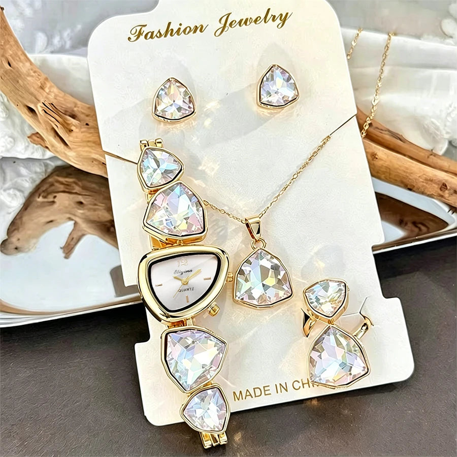 5pcs Luxury Women's Quartz Watch Jewelry Set Fashion Colorful Diamond Women Watches Necklace Ring Earrings Accessories Gifts Set