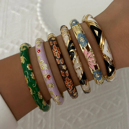 Elegant Enamel Dropped Glaze Flower Texture Bracelet For Women Retro Gold Plated Evil Eye Floral Zircon Bangle Party Jewelry