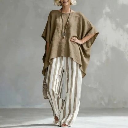 Women T-shirt Pants Two Piece Set Summer O-Neck Short Batwing Sleeves Shirt Striped Trousers Loose Casual Top Pants Suit Casual