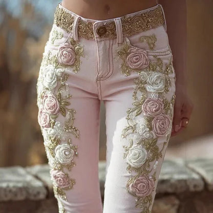 Elegant Retro Denim Trousers For Women Spring Autumn Fashion New Sweet Pink Slim Fit Rose Embroidered Mid-waist Bootcut Pants