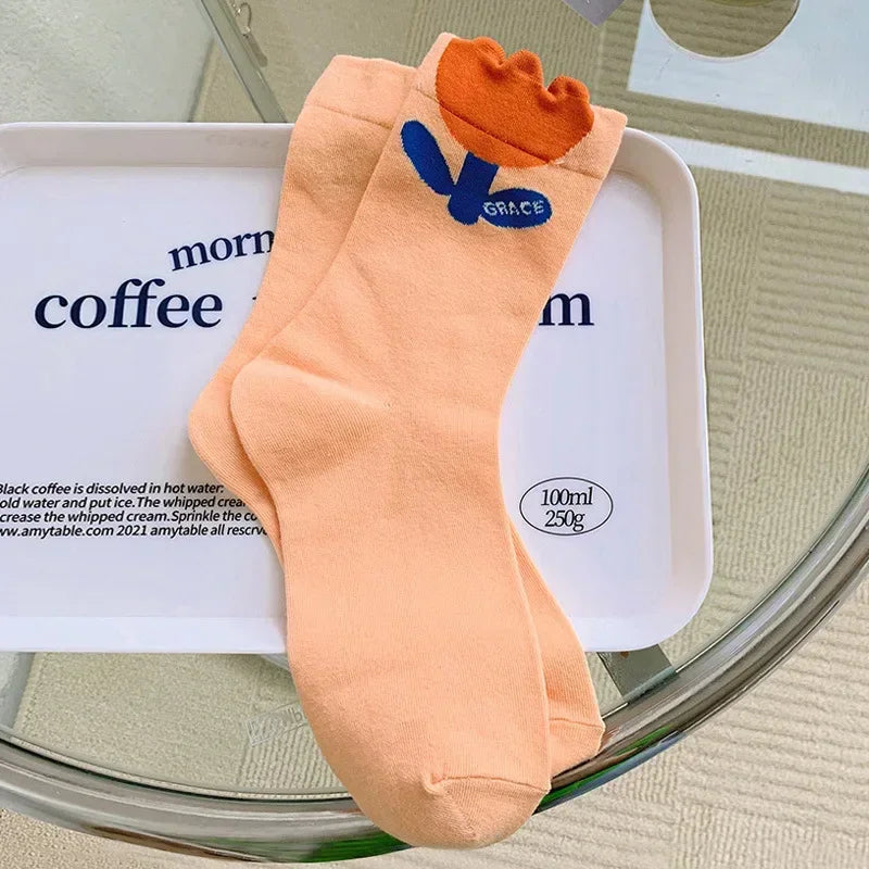 New Style Crew Socks for Women Spring Fashion Cute Flower Long Cotton Socks Japanese Style Breathable Casual Trendy Absorb Sweat