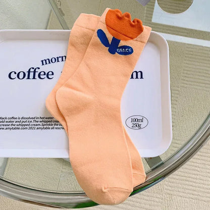 New Style Crew Socks for Women Spring Fashion Cute Flower Long Cotton Socks Japanese Style Breathable Casual Trendy Absorb Sweat