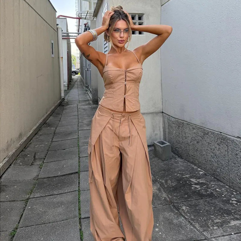 Sexy Print Vest Lace Up Pants Suit Women Slim Sleeveless Sling Tops High Waist Long Trousers Set Female 2026 Summer Sets Lady