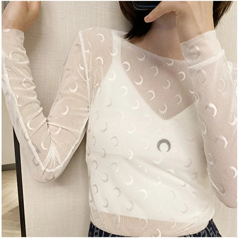 Sweet Two Piece Set Women American Retro Layered Outfit Long Sleeve Moon Print Top Ice Silk Pants Sexy Casual Autumn Fashion