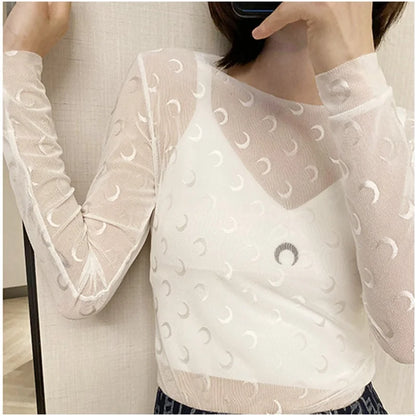 Sweet Two Piece Set Women American Retro Layered Outfit Long Sleeve Moon Print Top Ice Silk Pants Sexy Casual Autumn Fashion