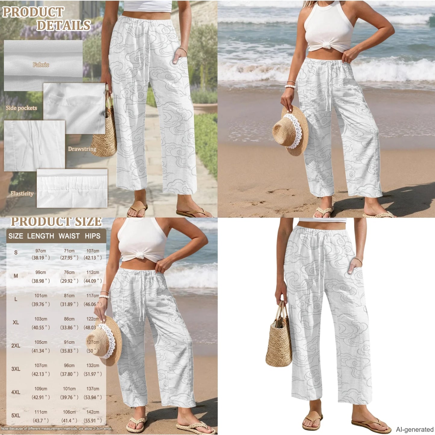INSTANTARTS Elegant Sets Two Piece Set Linen Shirt Wide-leg Pants Set Wave Set for Woman Linen Pants and Blouse Set S-3XL