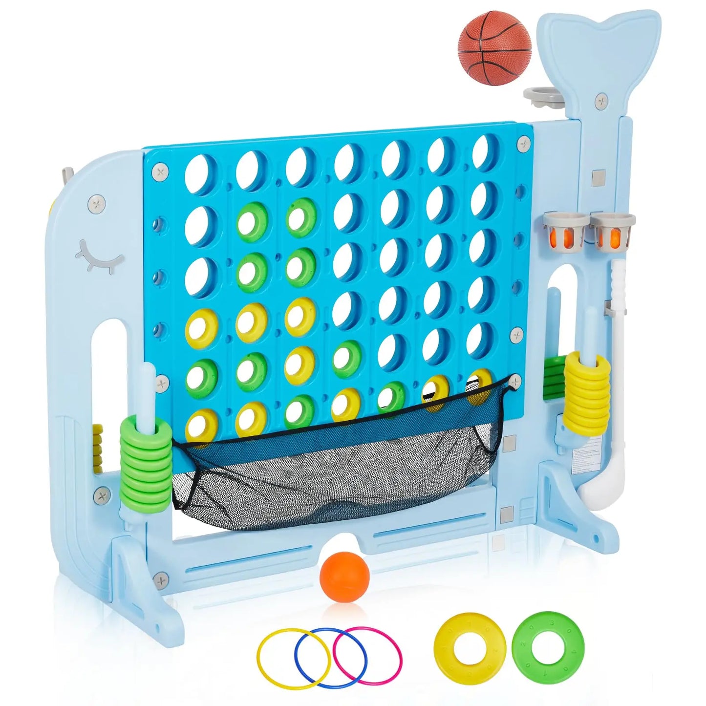 Giant 4 In A Row Game, Adjustable 4-to-Score Board With Quick Release, Basketball Golf Ring Toss, Indoor Outdoor Party Games