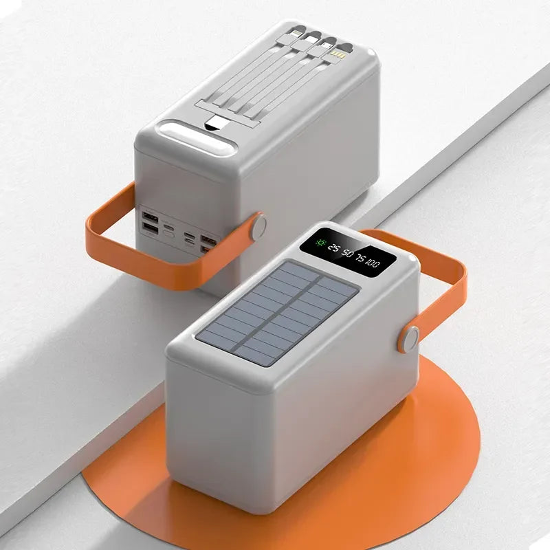 100000mAh Power Bank Portable Charger with Solar Panel, Fast Charging External Battery Pack, 4 Cables, Flashlight