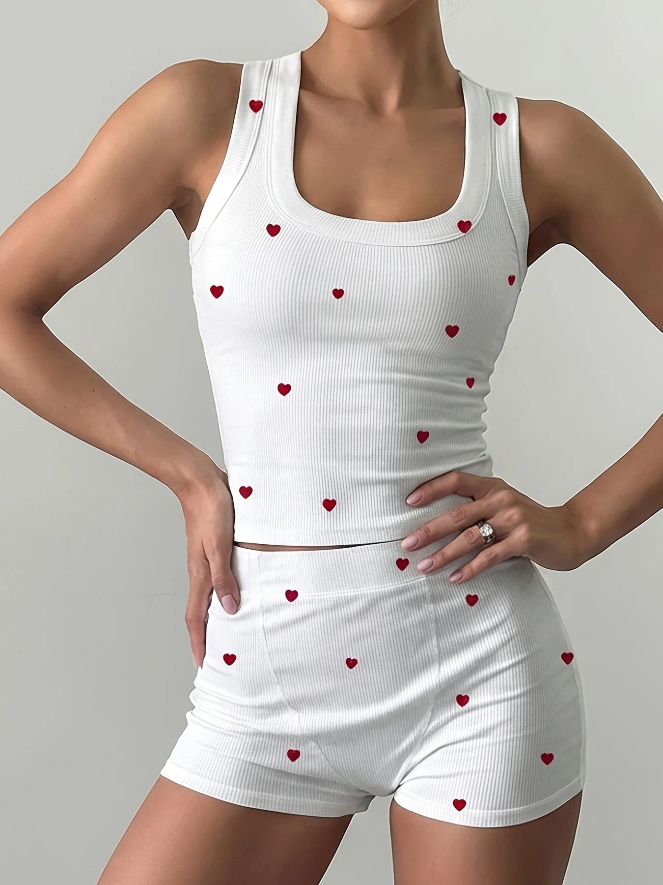 Summer Sleepwear Women 2 Piece Pajamas Set Heart Print Crop Tops and And Shorts Loungewear Set
