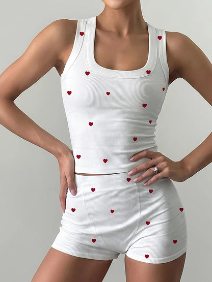 Summer Sleepwear Women 2 Piece Pajamas Set Heart Print Crop Tops and And Shorts Loungewear Set