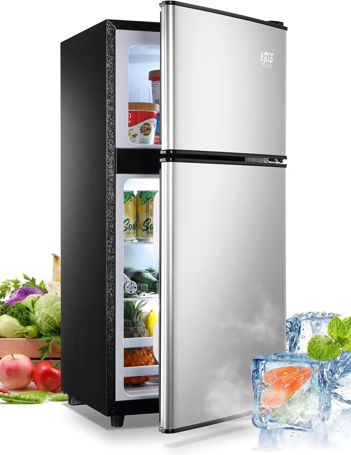 3.5Cu.Ft Compact Refrigerator Mini Fridge with Freezer, Small Compact Refrigerator with 2 Door, 7 Level Thermostat Removable Shelves for Kitchen, Dorm, Apartment, Bar, Office, Silver