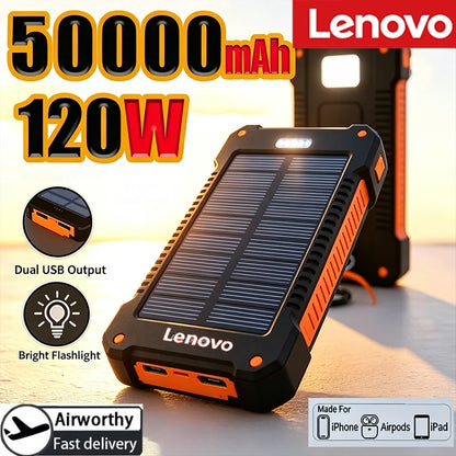 Lenovo 500000mAh Large Capacity Solar CCC Power Bank Super Fast Charging Portable External Battery For Travel  Outdoor Emergency