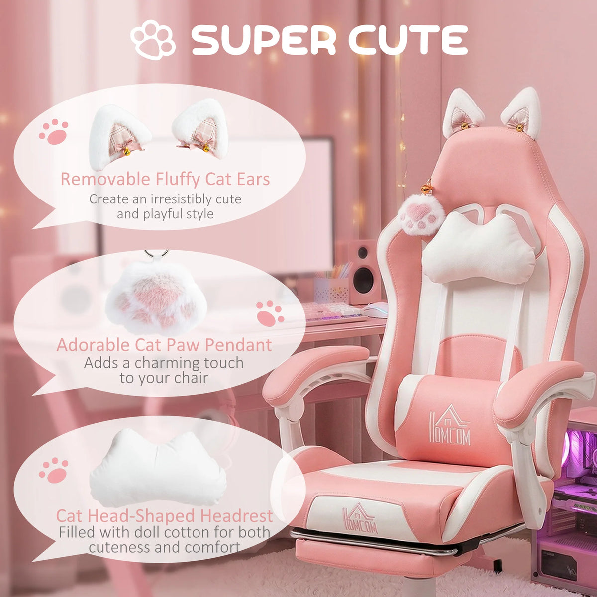 HOMCOM Racing Gaming Chair with Cat Ears, Reclining Faux Leather Computer Chair with Footrest, Lumbar Support and Headrest, Height Adjustable Gamer Chair with Swivel Seat and Wheels, Pink