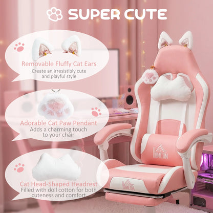 HOMCOM Racing Gaming Chair with Cat Ears, Reclining Faux Leather Computer Chair with Footrest, Lumbar Support and Headrest, Height Adjustable Gamer Chair with Swivel Seat and Wheels, Pink