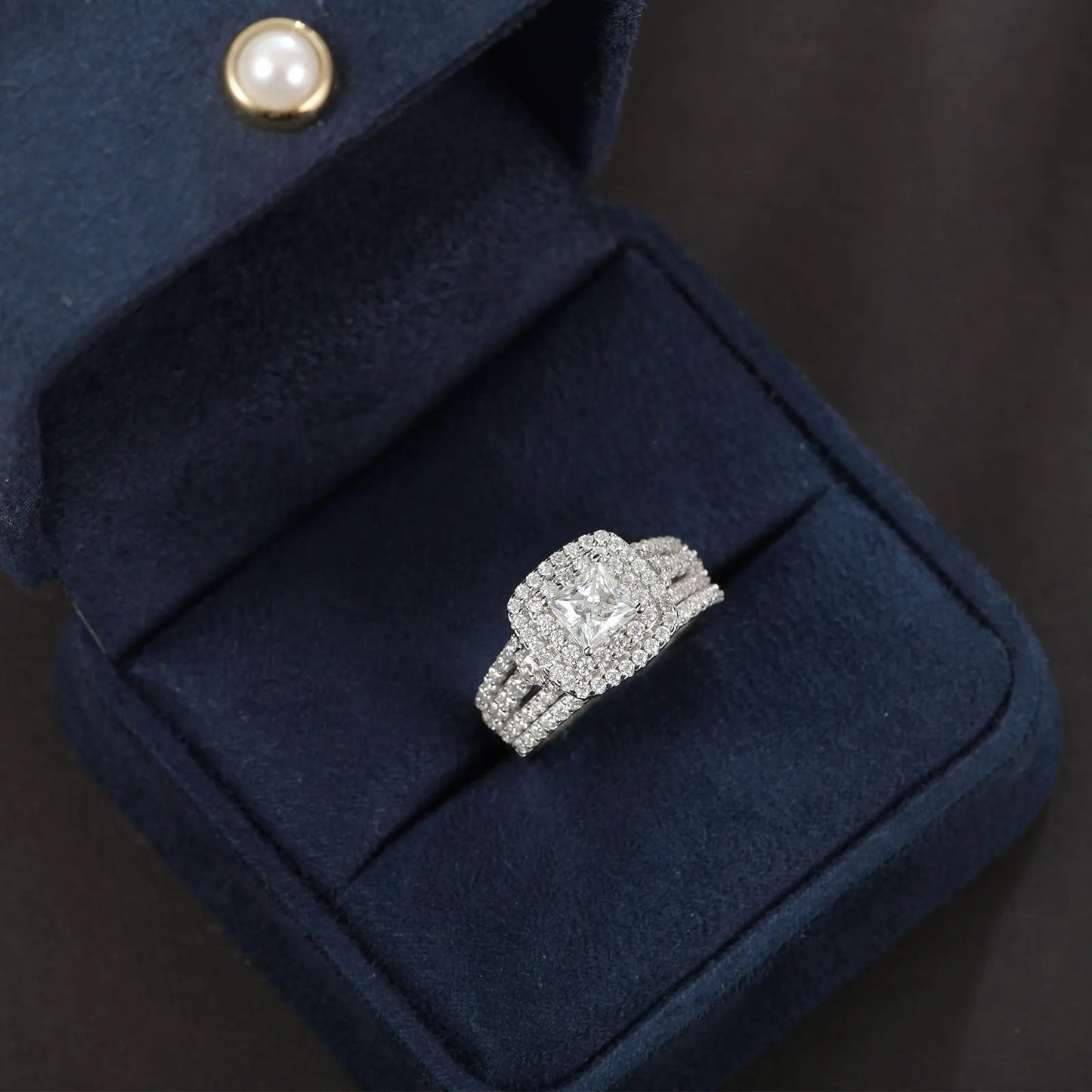 Newshe Certified Moissanite Weddings Ring Set for Women Luxury 925 Sterling Silver Halo Princess Cut Elegant Jewelry