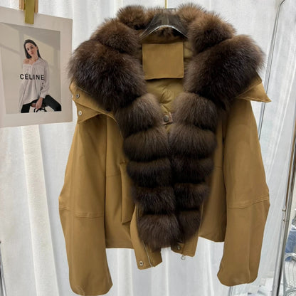 OFTBUY Women Hooded Large Fox Fur Coat Real Duck Down Parka Windproof Fabric Jacket Winter Drawstring Thick puffer jacket woman