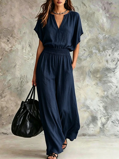 Women Casual Cotton Linen 2 Piece Outfit Summer Loose V Neck Short Sleeve Top Elastic High Waist Wide Leg Pants Set With Pockets