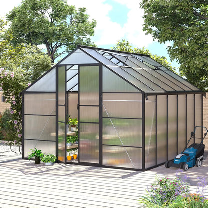 10x12 FT Greenhouse for Outdoors, Polycarbonate Greenhouse with Roof Vent, Enhanced Aluminum Large Walk-in Green, Customized