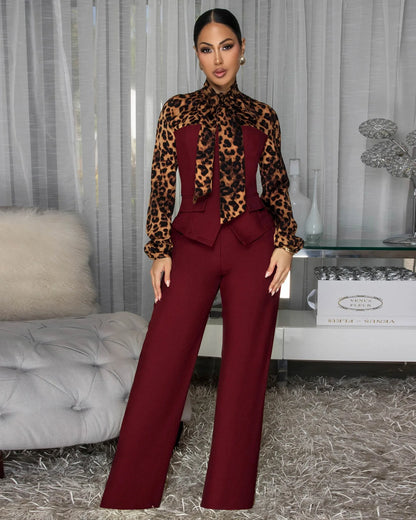2 Pcs Women Chic Pants Suit Casual Leopard Patchwork Slim Top+ High-waist-drooping Wide-leg Long Pants Fashion Autumn Suits Set