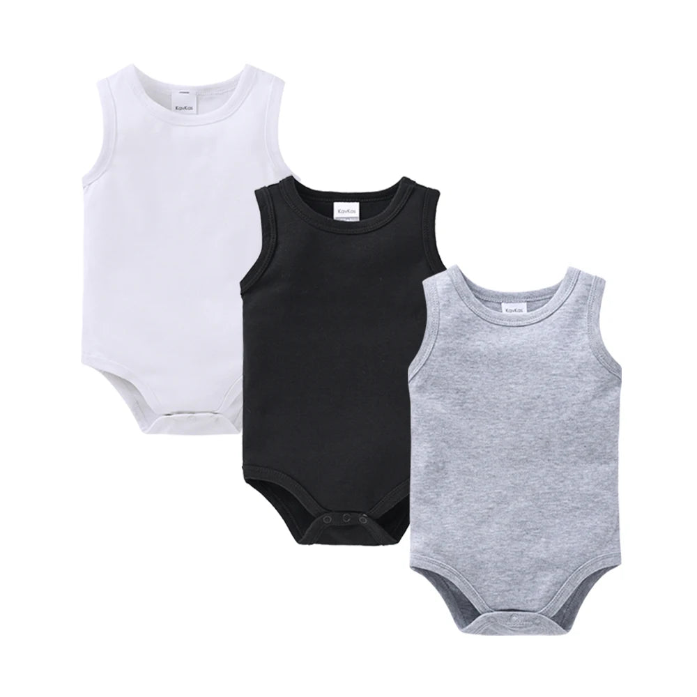 Kavkas 3 Pcs Summer Unisex Baby Vest Bodysuit 100% Cotton Sleeveless Newborn Solid Clothes 0-24 Months Clothing