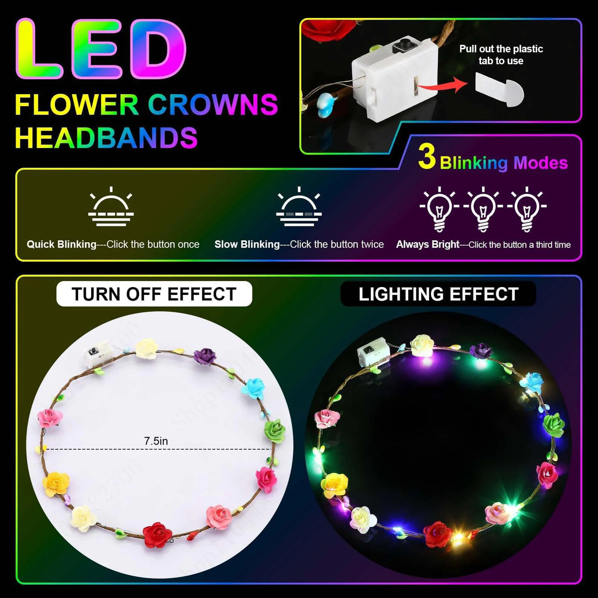 10-100Pcs LED Flower Headbands Light up Flower Headband Glow in the Dark Headband Wedding Party Music Festival Favors for Guest