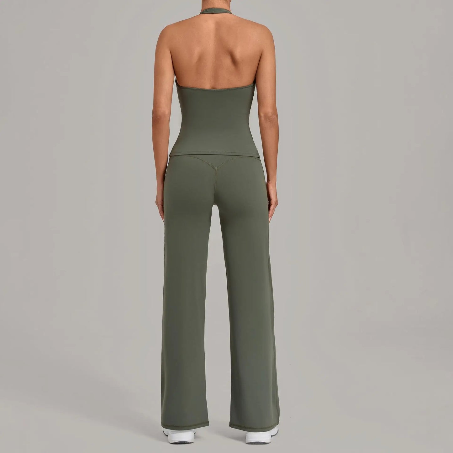 Women Halter V Neck 2Pcs Yoga Outfit Backless Crop Top High Waist Flare Pants Soft Stretch Workout Gym Pilates Casual Tracksuit