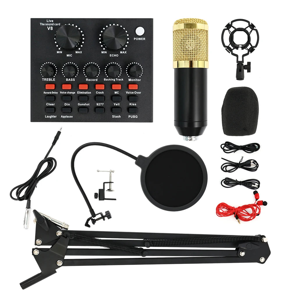 Podcast Microphone Equipment Bundle BM-800 Condenser Microphone (with Voice Changer and V8 Sound Card) Professional Recording Studio Kit for Laptops, Streaming, Podcasting, Singing, Voice-overs, Vocals, Home Studios
