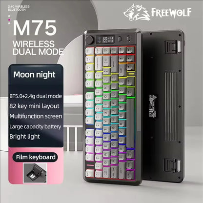 FREEWOLF M75 Wireless Keyboard, Bluetooth Dual-mode, PBT Gradient Ball Cap, With Display Screen, Gaming Keyboard