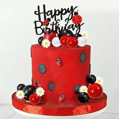 Ladybug Cake Topper Red Black Ball Cake Decorations Daisy Cake Topper for Ladybug Theme Party Birthday Party Supplies Decoration