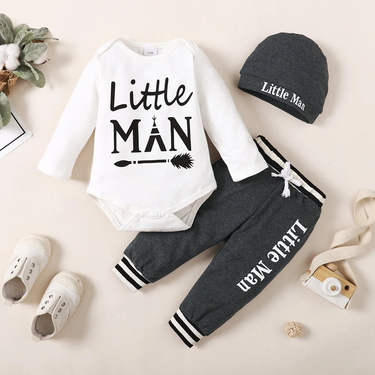 Winter 0-1 Years Old Infant Baby Boys Long  Sleeved  Letter Printing   Romper  Sports  Pants  3-Piece  Set  With  Hat
