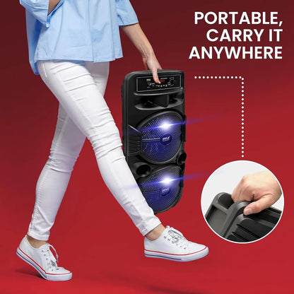 Rechargeable Portable Bluetooth PA Speaker System with 600W Power, Dual 8-Inch Subwoofers, 1-Inch Tweeter, Mic Input, Party Lights, USB, FM Radio, and Remote Control – Ideal for Outdoor Parties